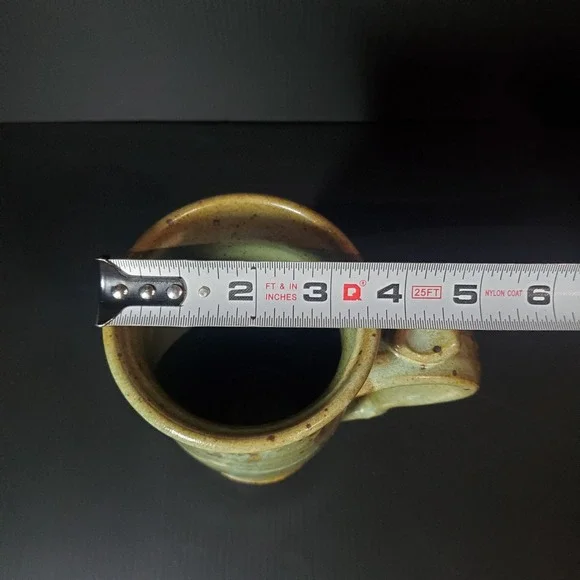 Studio Pottery Tall Mug Stoneware Leaf Motif Green Brown Handle with thumb rest - Picture 10 of 10